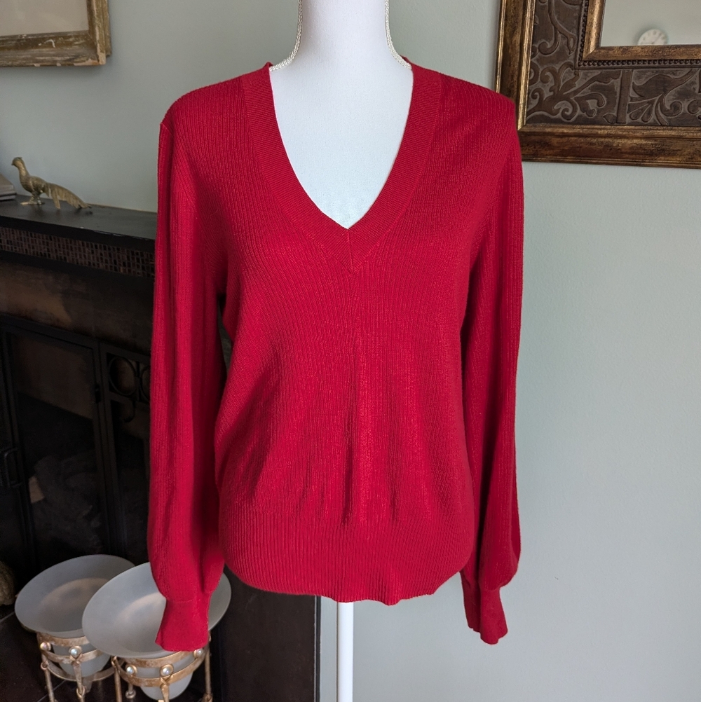 Etcetera Women's Large Red Cotton Cashmere Blend Ribbed Knit V-Neck Sweater 155